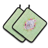 Caroline'S Treasures Ck4280Pthd Bichon Fris #2 Green Flowers Pair Of Pot Holders Potholders, Multicolor