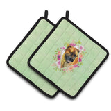 Caroline'S Treasures Ck4281Pthd Borboel Mastiff Green Flowers Pair Of Pot Holders Potholders, Multicolor