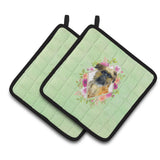 Caroline'S Treasures Ck4283Pthd Brussels Griffon Green Flowers Pair Of Pot Holders Potholders, Multicolor