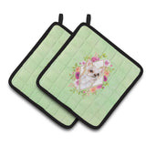 Caroline'S Treasures Ck4287Pthd Long Hair Chihuahua Green Flowers Pair Of Pot Holders Potholders, Multicolor