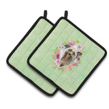 Caroline'S Treasures Ck4290Pthd Chinese Crested Green Flowers Pair Of Pot Holders Potholders, Multicolor