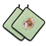 Caroline'S Treasures Ck4294Pthd Dachshund Red #1 Green Flowers Pair Of Pot Holders Potholders, Multicolor