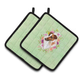 Caroline'S Treasures Ck4301Pthd Jack Russell Terrier Green Flowers Pair Of Pot Holders Potholders, Multicolor