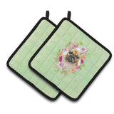 Caroline'S Treasures Ck4304Pthd Fawn French Bulldog Green Flowers Pair Of Pot Holders Potholders, Multicolor