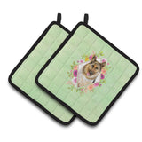 Caroline'S Treasures Ck4306Pthd German Shepherd #1 Green Flowers Pair Of Pot Holders Potholders, Multicolor