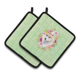 Caroline'S Treasures Ck4308Pthd Red Siberian Husky Green Flowers Pair Of Pot Holders Potholders, Multicolor