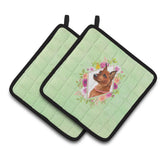 Caroline'S Treasures Ck4321Pthd Miniature Pinscher Green Flowers Pair Of Pot Holders Potholders, Multicolor