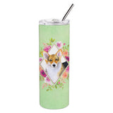 Caroline'S Treasures Corgi Green Flowers Double Walled Stainless Steel 20 Oz Skinny Travel-Insulated-Tumblers, Multicolor