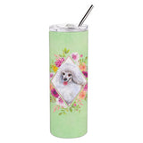 Caroline'S Treasures White Mini Poodle Green Flowers Double Walled Stainless Steel 20 Oz Skinny Travel-Insulated-Tumblers, Mul