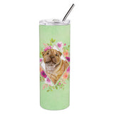 Caroline'S Treasures Shar Pei Green Flowers Double Walled Stainless Steel 20 Oz Skinny Travel-Insulated-Tumblers, Multicolor