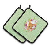 Caroline'S Treasures Ck4350Pthd Toy Terrier Green Flowers Pair Of Pot Holders Potholders, Multicolor