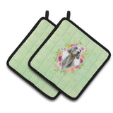 Caroline'S Treasures Ck4351Pthd Weimaraner Green Flowers Pair Of Pot Holders Potholders, Multicolor