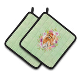 Caroline'S Treasures Ck4355Pthd Yorkshire Terrier #2 Green Flowers Pair Of Pot Holders Potholders, Multicolor