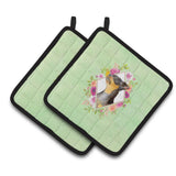 Caroline'S Treasures Ck4356Pthd Black Miniature Pinscher Green Flowers Pair Of Pot Holders Potholders, Multicolor