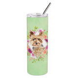 Caroline'S Treasures Yorkie Green Flowers Double Walled Stainless Steel 20 Oz Skinny Travel-Insulated-Tumblers, Multicolor
