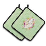 Caroline'S Treasures Ck4361Pthd White Collie Green Flowers Pair Of Pot Holders Potholders, Multicolor