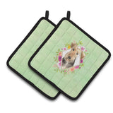 Caroline'S Treasures Ck4364Pthd Airedale Terrier Green Flowers Pair Of Pot Holders Potholders, Multicolor