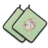 Caroline'S Treasures Ck4370Pthd Siberian Husky Green Flowers Pair Of Pot Holders Potholders, Multicolor