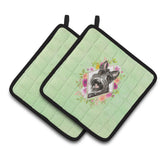 Caroline'S Treasures Ck4374Pthd Scottish Terrier Green Flowers Pair Of Pot Holders Potholders, Multicolor