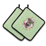 Caroline'S Treasures Ck4377Pthd Rottweiler Green Flowers Pair Of Pot Holders Potholders, Multicolor