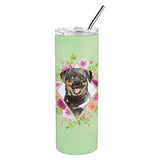 Caroline'S Treasures Rottweiler Green Flowers Double Walled Stainless Steel 20 Oz Skinny Travel-Insulated-Tumblers, Multicolor
