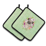Caroline'S Treasures Ck4378Pthd Fawn Pug Green Flowers Pair Of Pot Holders Potholders, Multicolor