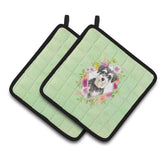 Caroline'S Treasures Ck4382Pthd Schnauzer #2 Green Flowers Pair Of Pot Holders Potholders, Multicolor