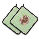 Caroline'S Treasures Ck4388Pthd Labradoodle Green Flowers Pair Of Pot Holders Potholders, Multicolor