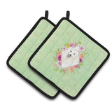 Caroline'S Treasures Ck4389Pthd Japanese Spitz Green Flowers Pair Of Pot Holders Potholders, Multicolor