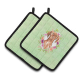 Caroline'S Treasures Ck4392Pthd Vizsla Green Flowers Pair Of Pot Holders Potholders, Multicolor