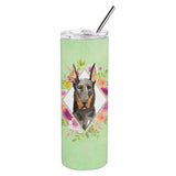 Caroline'S Treasures Doberman Pinsher Green Flowers Double Walled Stainless Steel 20 Oz Skinny Travel-Insulated-Tumblers, Mult