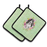 Caroline'S Treasures Ck4404Pthd Black Parti Cocker Spaniel Green Flowers Pair Of Pot Holders Potholders, Multicolor