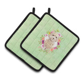 Caroline'S Treasures Ck4406Pthd Champagne Cockapoo Green Flowers Pair Of Pot Holders Potholders, Multicolor