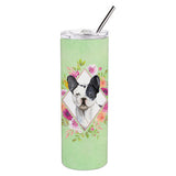 Caroline'S Treasures Black And White Frenchie Green Flowers Stainless Steel 20 Oz Skinny Travel-Insulated-Tumblers, Multicolor