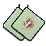 Caroline'S Treasures Ck4426Pthd Basset Hound Green Flowers Pair Of Pot Holders Potholders, Multicolor 2 Count