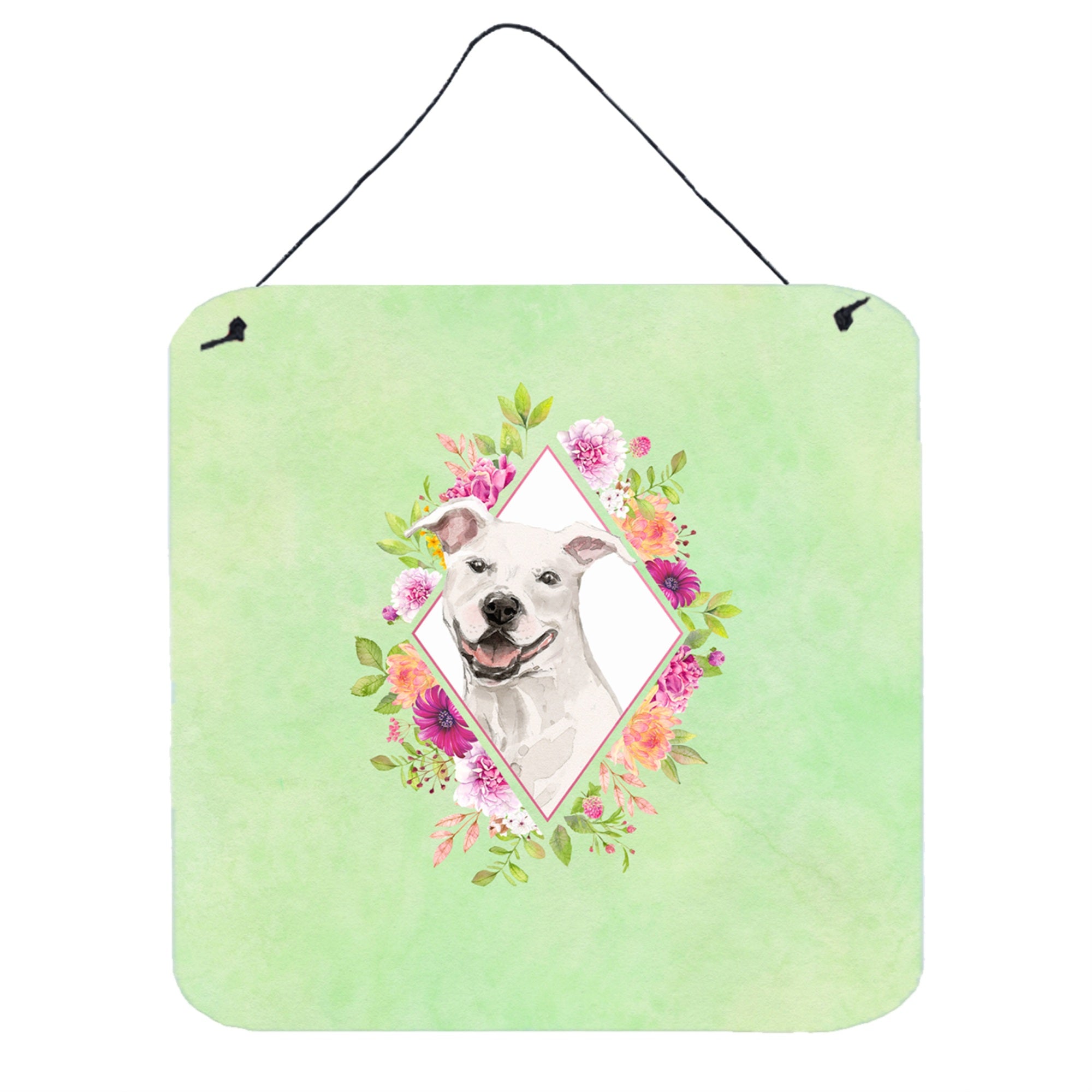 Caroline'S Treasures White Pit Bull Terrier Green Flowers Door Hanging Prints Wall-Decor, Multicolor