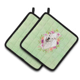 Caroline'S Treasures Ck4428Pthd White Pit Bull Terrier Green Flowers Pair Of Pot Holders Potholders, Multicolor