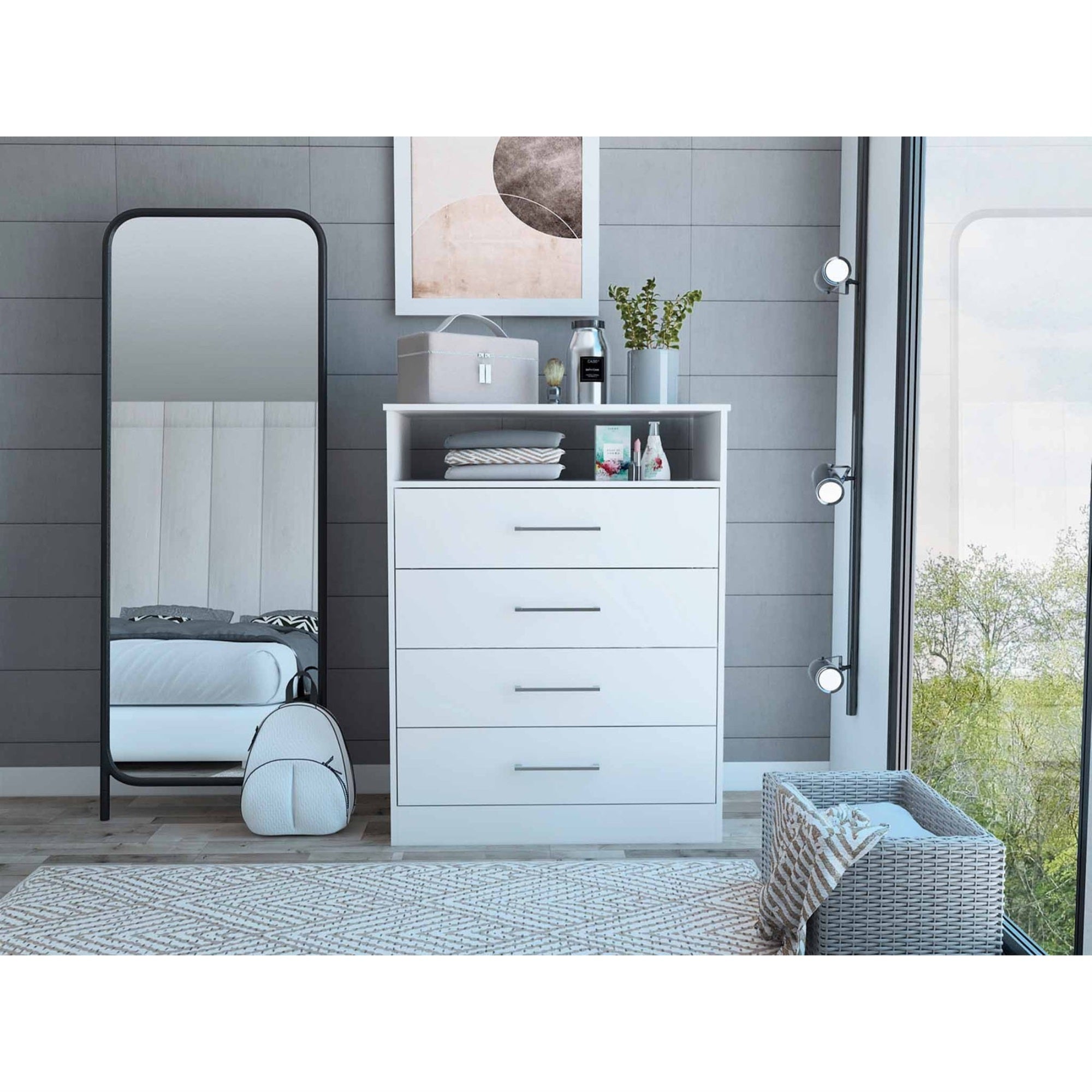 Tuhome Continental Dresser, Countertop, Four Drawers, One Shelf, White, For Bedroom