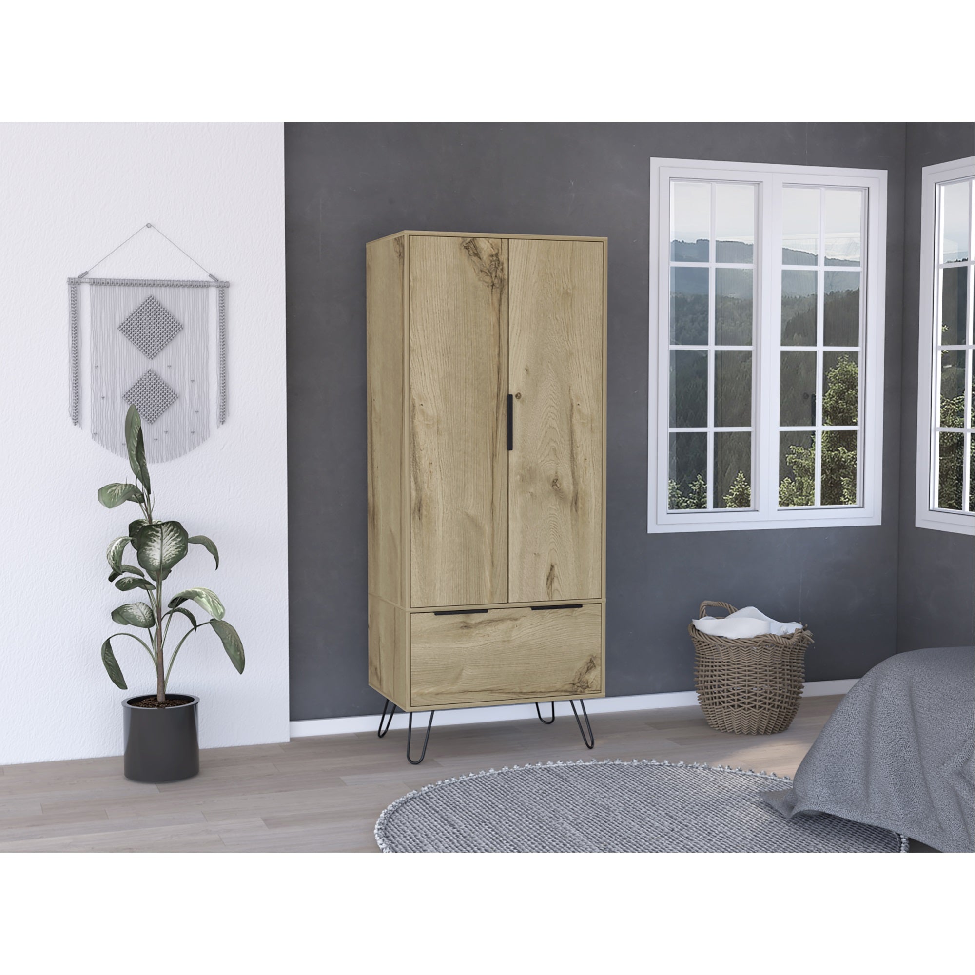 Tuhome Augusta Armoire Closet, Four Steel Legs, One Drawer, Two Door Cabinet-Light Oak, For Bedroom