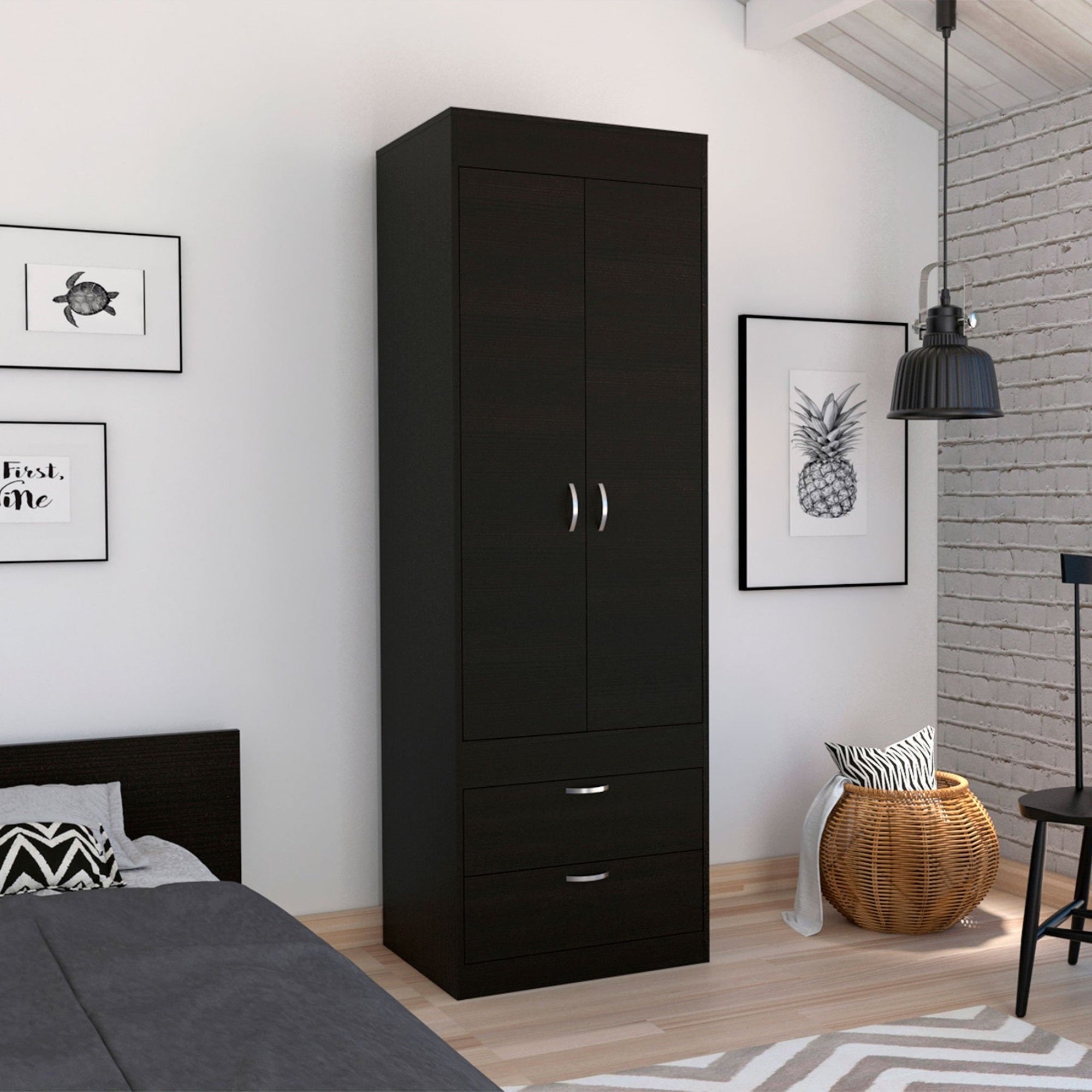 Tuhome Lisboa Armoire, Rod, Two-Door Armoire, Two Drawers, Metal Handles, Black, For Bedroom