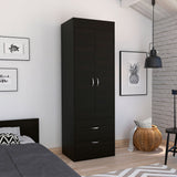 Tuhome Lisboa Armoire, Rod, Two-Door Armoire, Two Drawers, Metal Handles, Black, For Bedroom