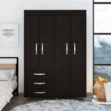 Tuhome Denver Mobile Armoire, Rods, Two Double Door Cabinet, Three Drawers, Two Shelves - Black , For Bedroom