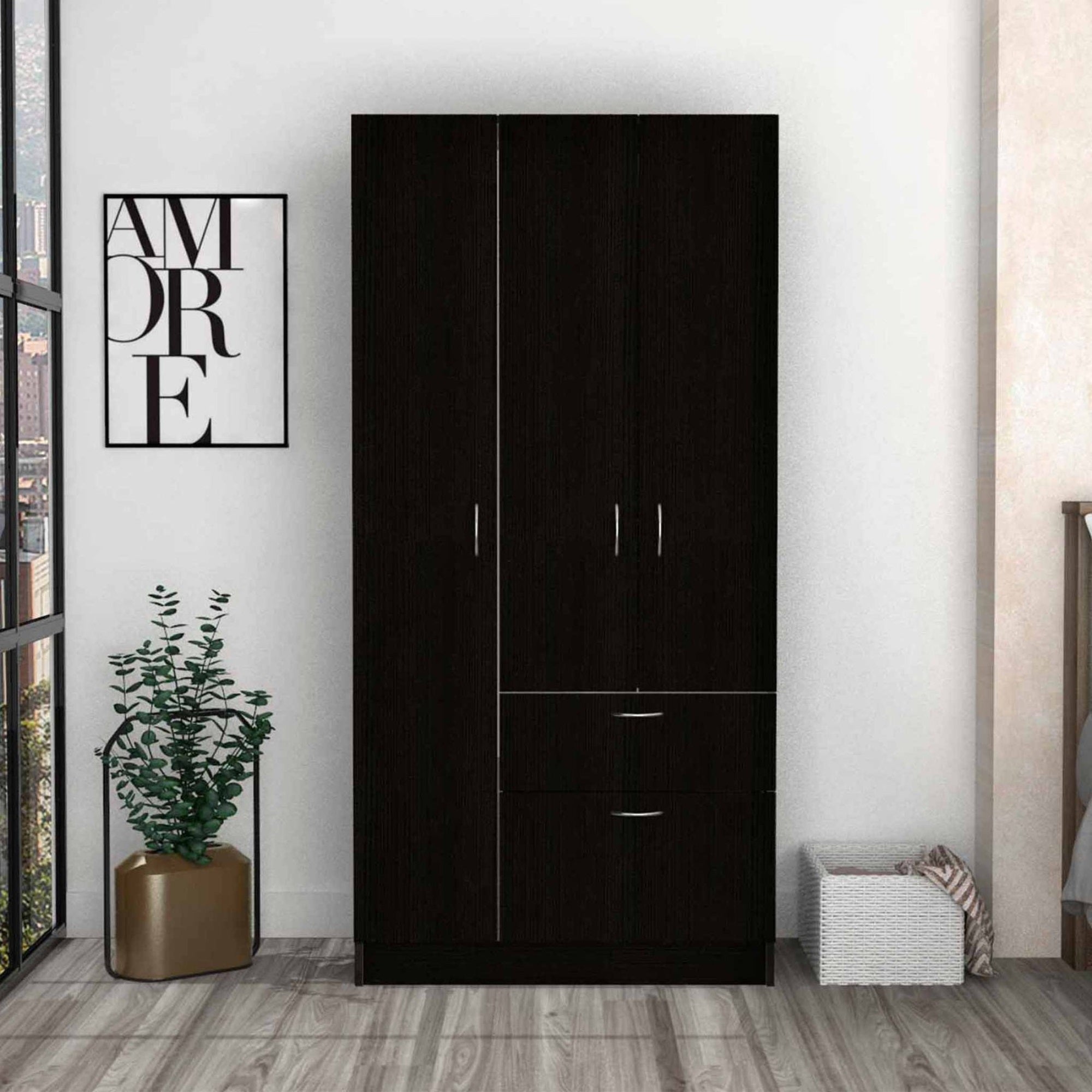 Tuhome Primavera Armoire, Two Door Cabinets, One Drawer, Metal Rod, Five Shelves- Black/White, For Bedroom