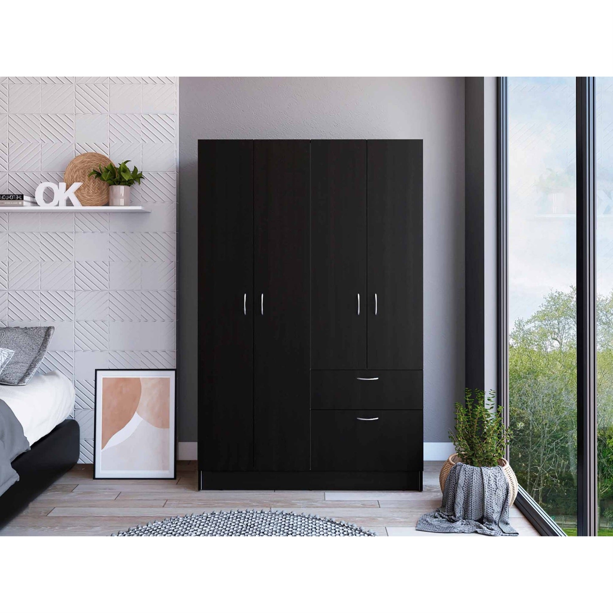 Tuhome Vaupes Armoire, Two Door-Cabinet, One Flexible Shelf, One Drawer, Five Internal Shelves, Rod- Black/White , For Bedroom