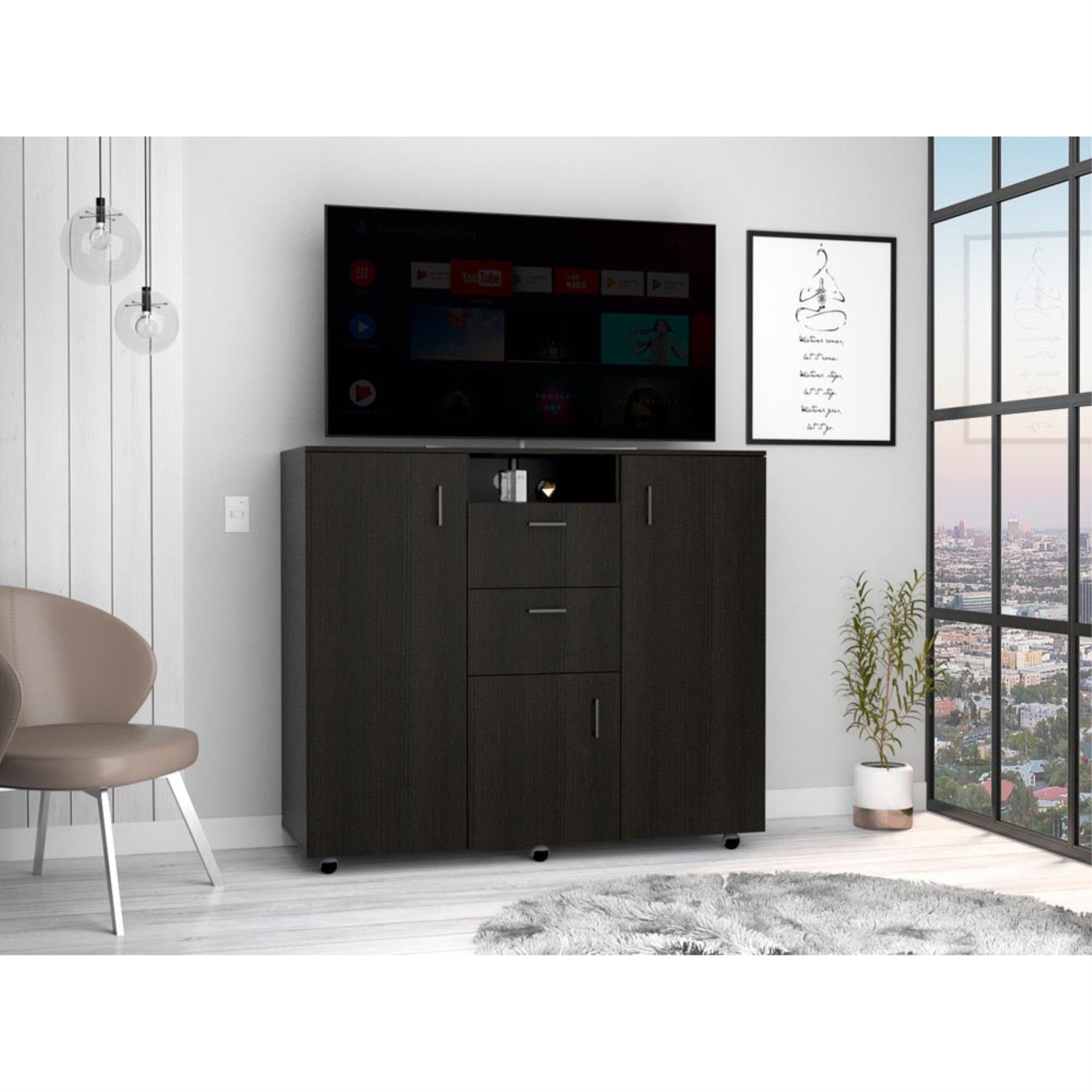 Tuhome Letna Two-Door Cabinet Dresser, Countertop, Two Drawers, Four Internal Shelves, Three Cabinets With Door, Rod -Black, For