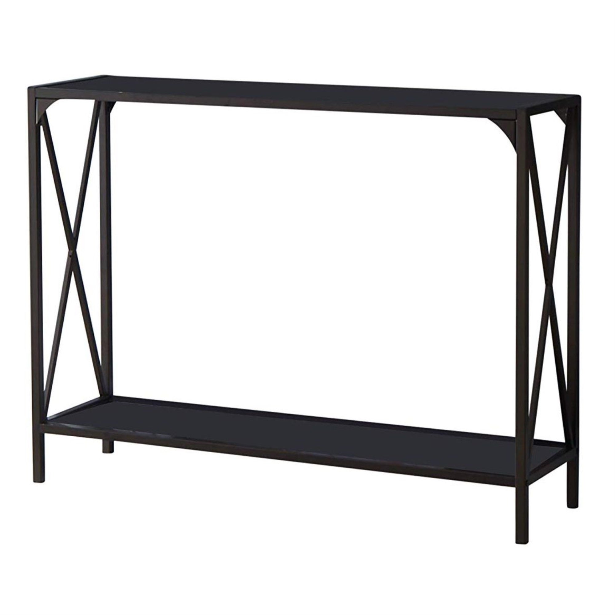 Allegheny Entryway Sofa Console Table, Pewter Metal Frame & Black Glass Top, Modern With Storage Shelf