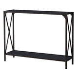 Allegheny Entryway Sofa Console Table, Pewter Metal Frame & Black Glass Top, Modern With Storage Shelf