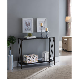 Allegheny Entryway Sofa Console Table, Pewter Metal Frame & Black Glass Top, Modern With Storage Shelf