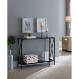 Allegheny Entryway Sofa Console Table, Pewter Metal Frame & Black Glass Top, Modern With Storage Shelf
