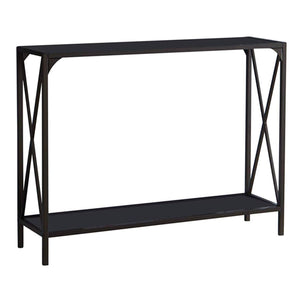 Allegheny Entryway Sofa Console Table, Pewter Metal Frame & Black Glass Top, Modern With Storage Shelf